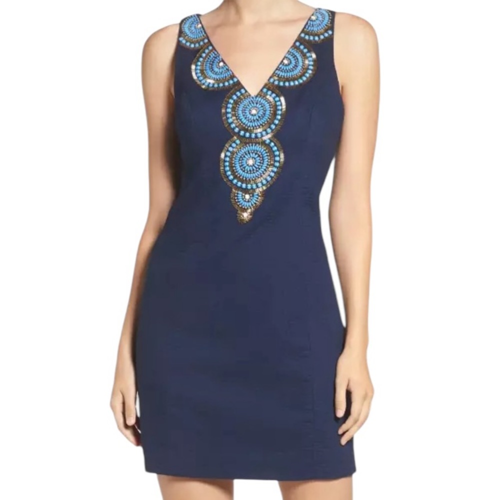 Lilly Pulitzer Gabby Textured True Navy Beaded Sleeveless Shift Mini Dress - 2